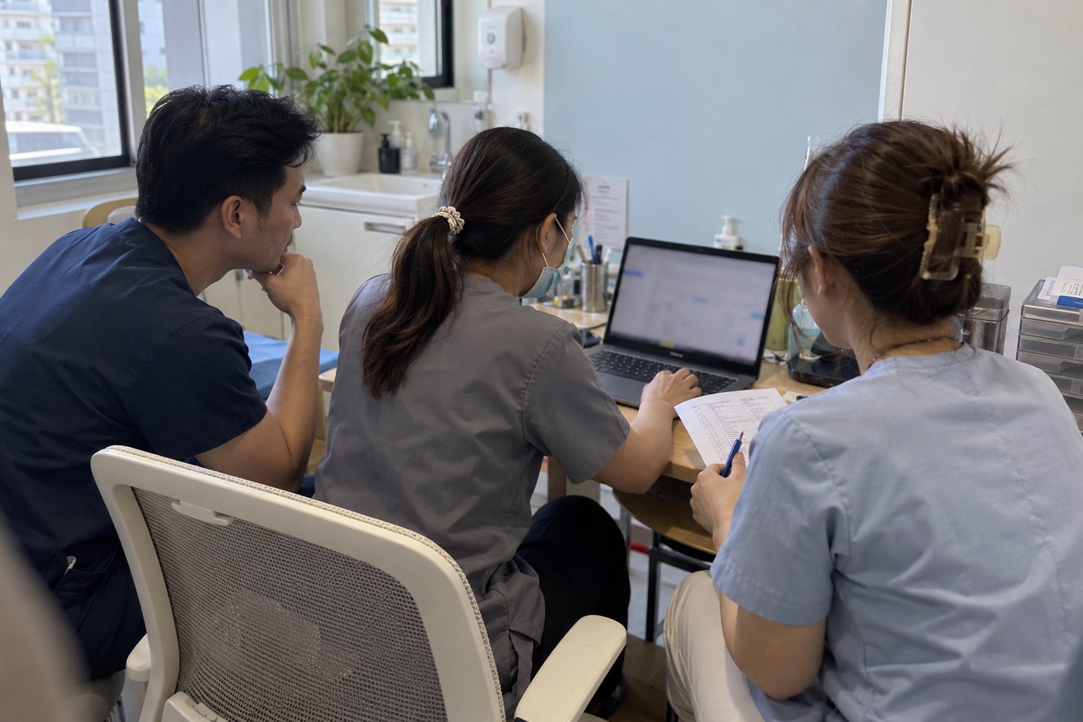 A clinic team records observations during a software session — AI-generated illustration with fictional people and premises