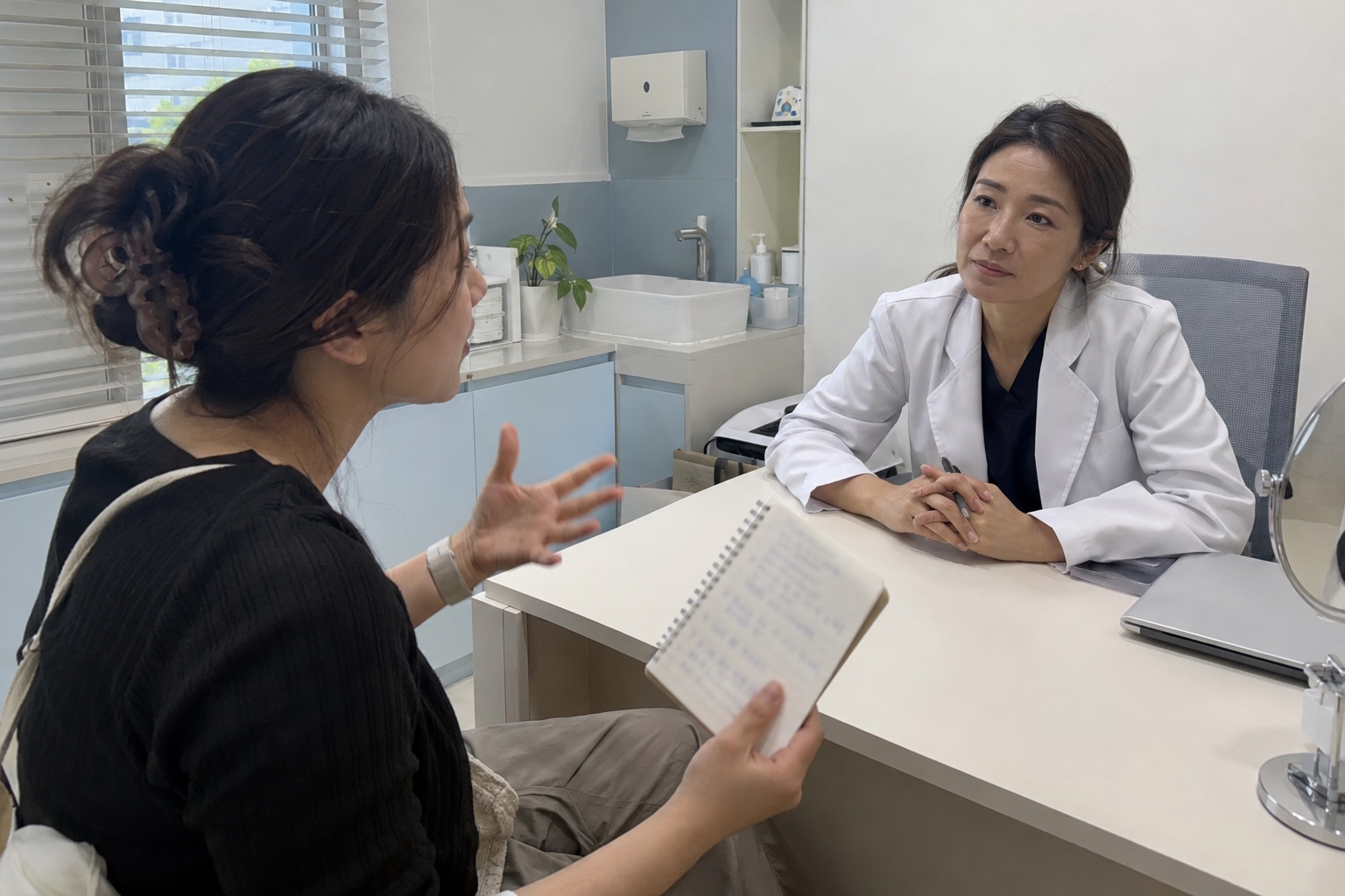 A person brings written questions to a clinician consultation — AI-generated illustration with fictional people and premises