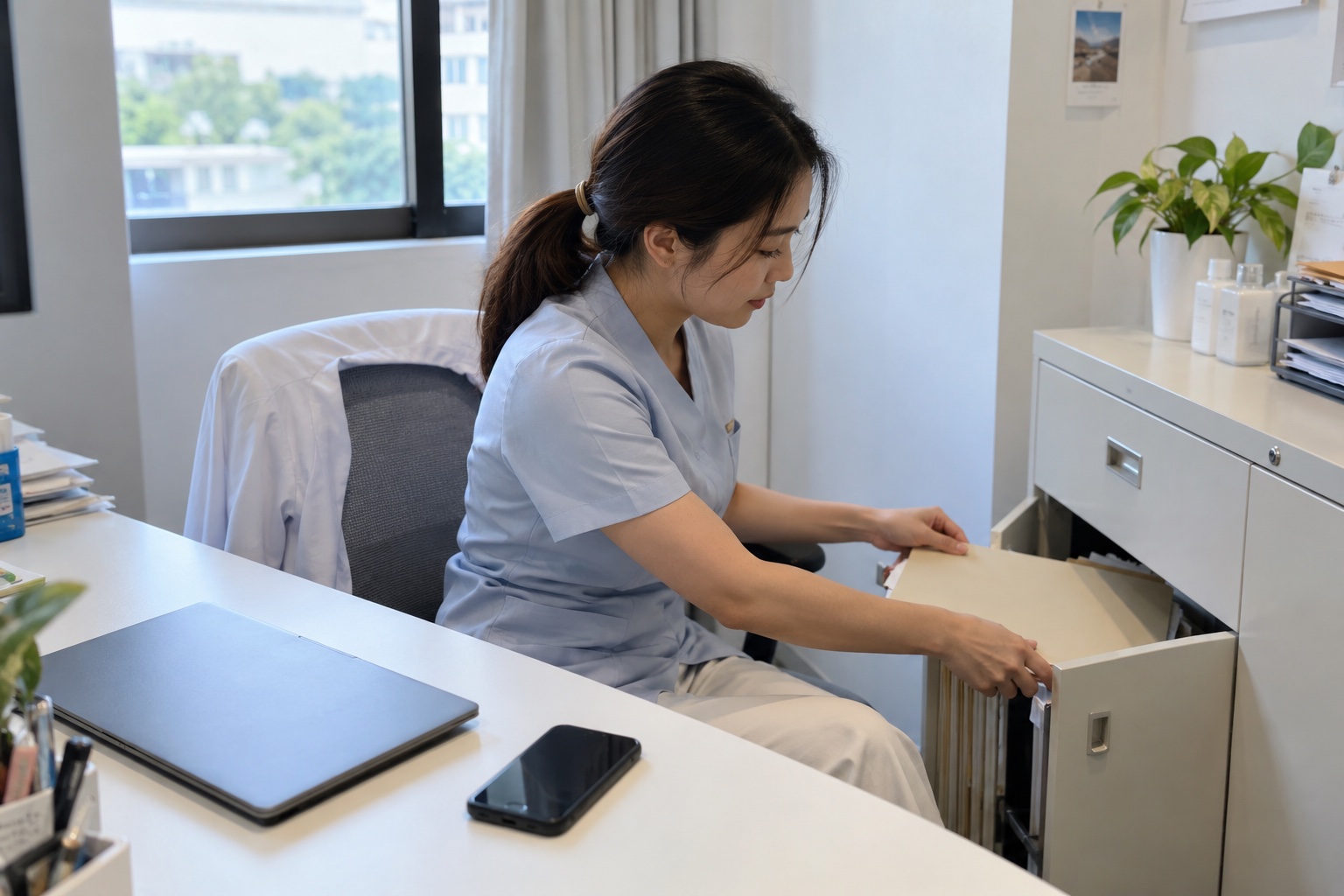 A coordinator organizes documents in a clinic office — AI-generated illustration with fictional people and premises